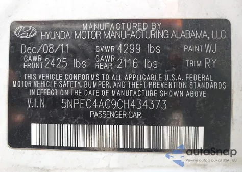 2012 Hyundai Sonata Limited из США, поврежденный, VIN 5NPEC4AC9CH434373